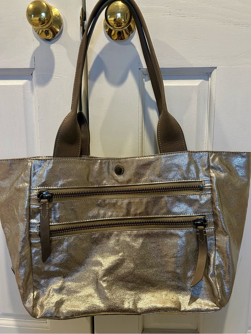 Frye Metallic Silver/Taupe  Shimmer Tote with Dual Zip Front Pockets 12x20